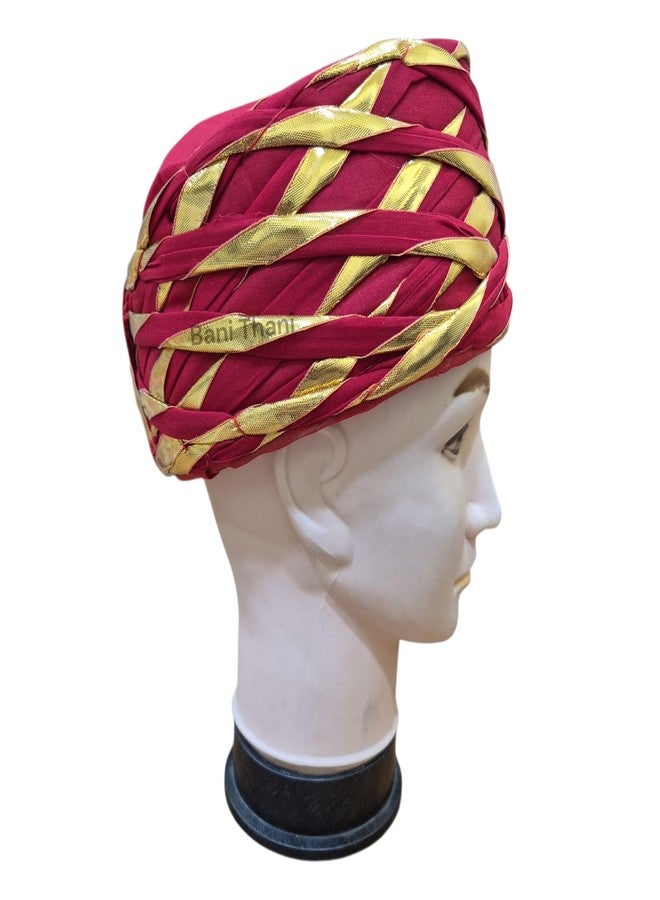 BANI THANI Authentic Rajasthan Jaipuri Pagdi Traditional Round Turban for Men & Women - Wedding Ceromony, Festival Freesize Up to 22 Inch Head, (Dark Red) - Image 3